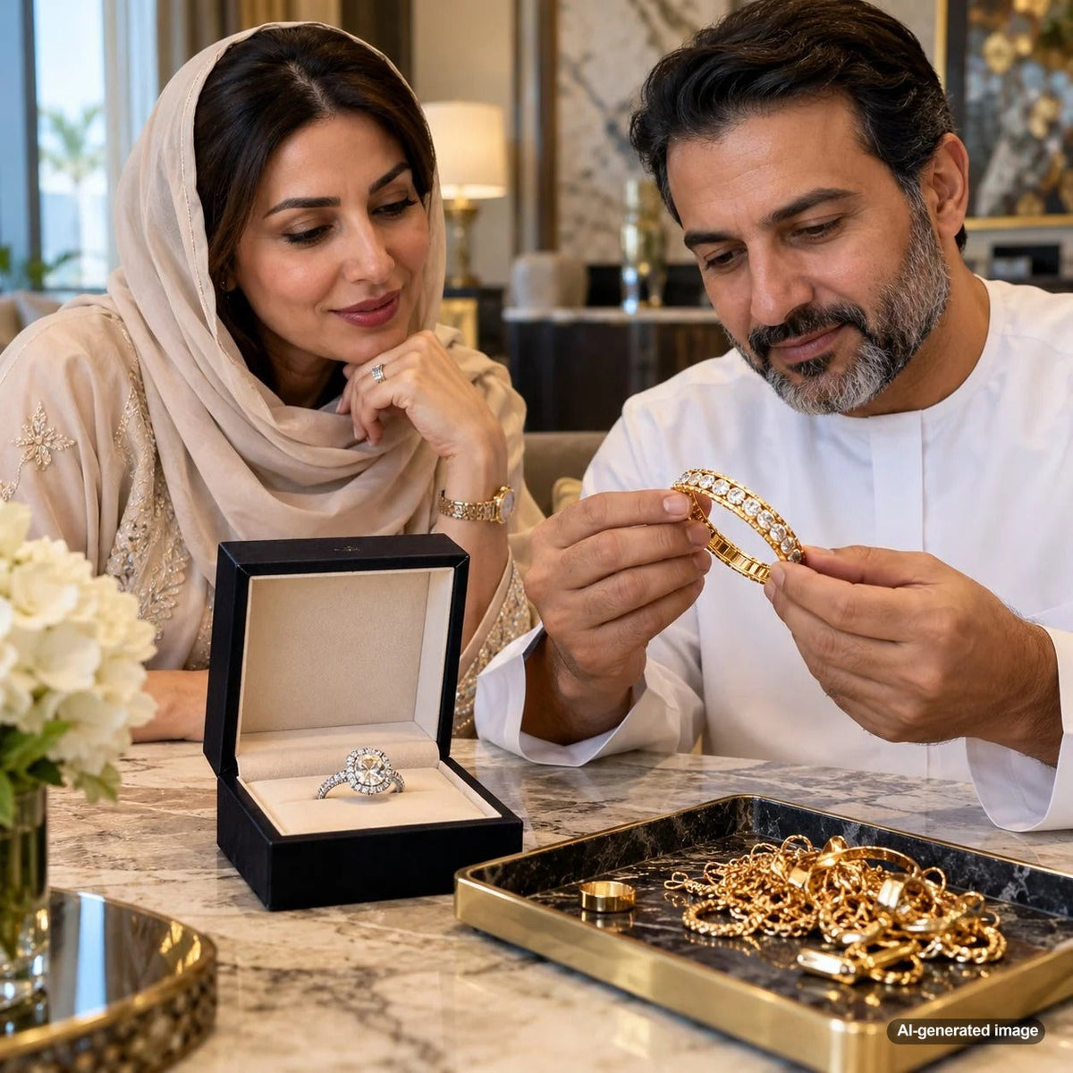 Designer gold jewelry compared with scrap gold, illustrating how brand recognition, craftsmanship, and precious metal value affect jewelry resale prices