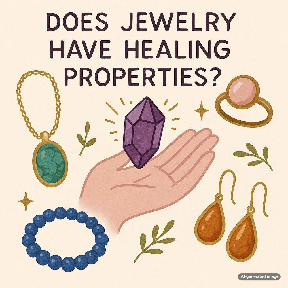 A stunning collection of healing gemstone jewelry, including amethyst, rose quartz, and turquoise pieces, beautifully arranged on a velvet display.
