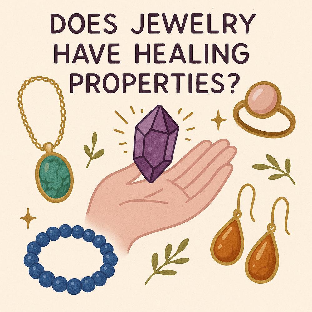 A stunning collection of healing gemstone jewelry, including amethyst, rose quartz, and turquoise pieces, beautifully arranged on a velvet display.