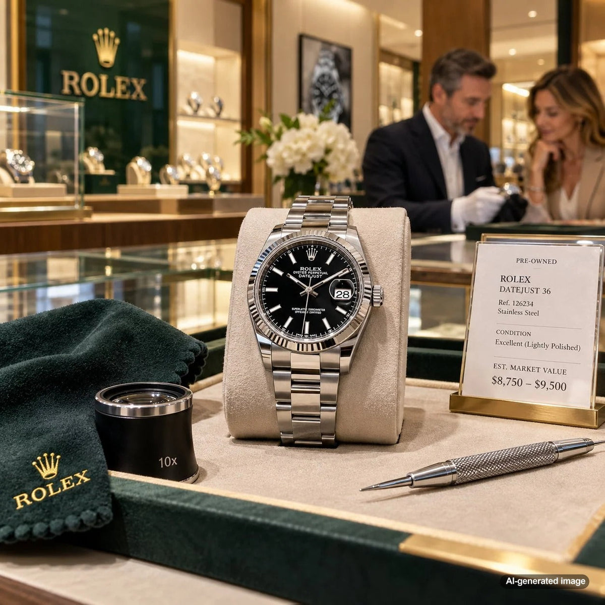 Luxury Rolex wristwatch showcasing its polished case and bracelet, illustrating how polishing can affect pre-owned Rolex resale value and collector appeal