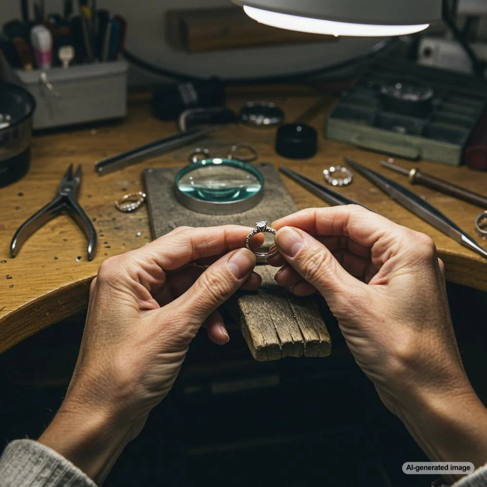 Close-up of a jeweler's hands resizing a gold ring with professional tools