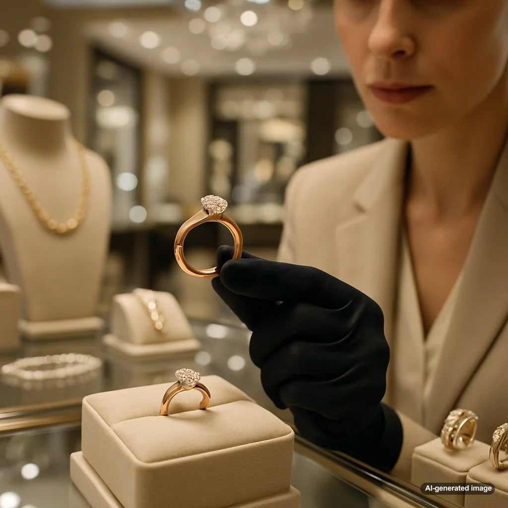 Close-up of a rose gold ring with intricate detailing, showcasing its warm pink hue