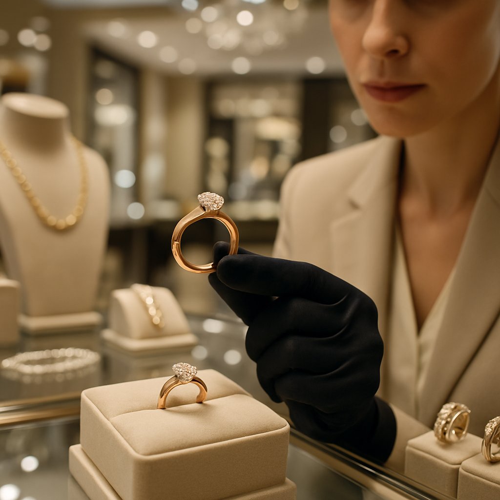 Close-up of a rose gold ring with intricate detailing, showcasing its warm pink hue