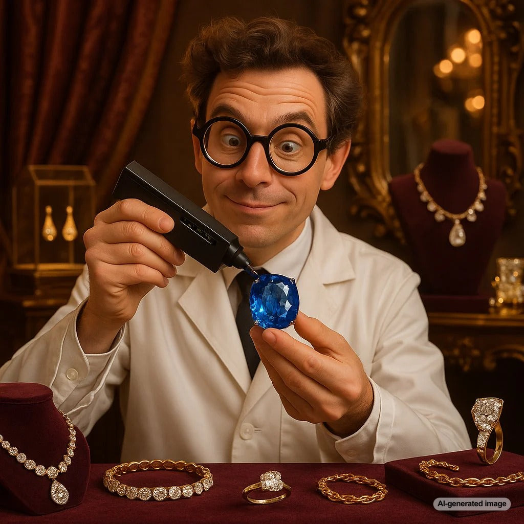 Close-up of a sparkling sapphire being tested with a diamond tester