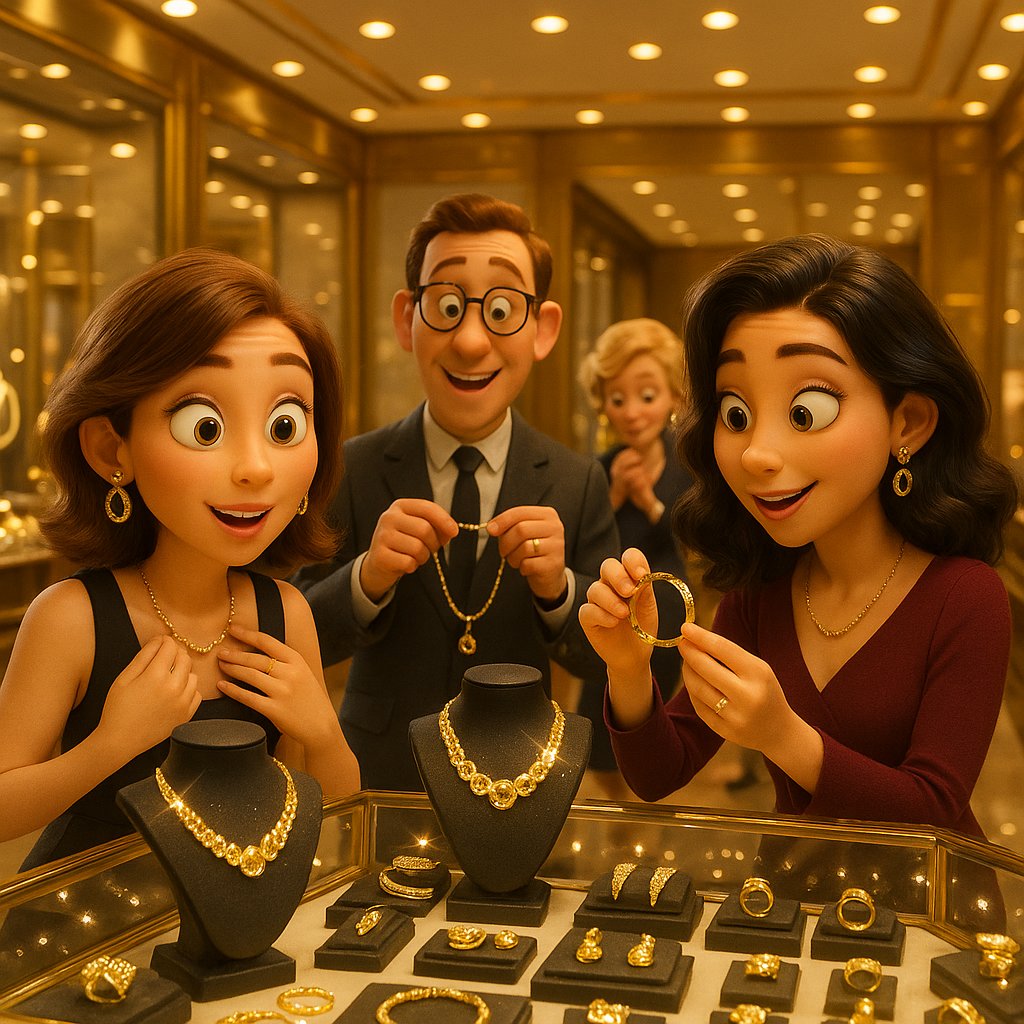 Woman holding gold jewelry with suspicious side-eye expression