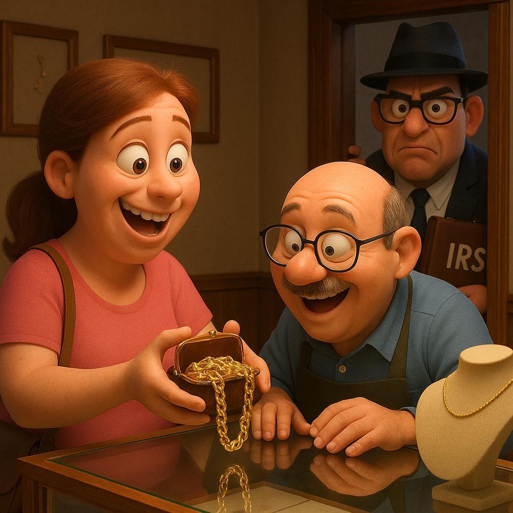 Gold jewelry collection including rings, necklaces and bracelets with IRS documents in background