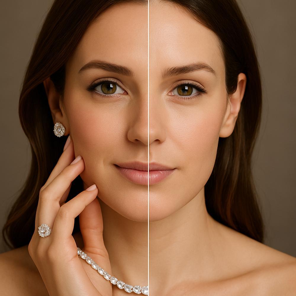 Woman wearing elegant jewelry, showcasing a diamond necklace and earrings