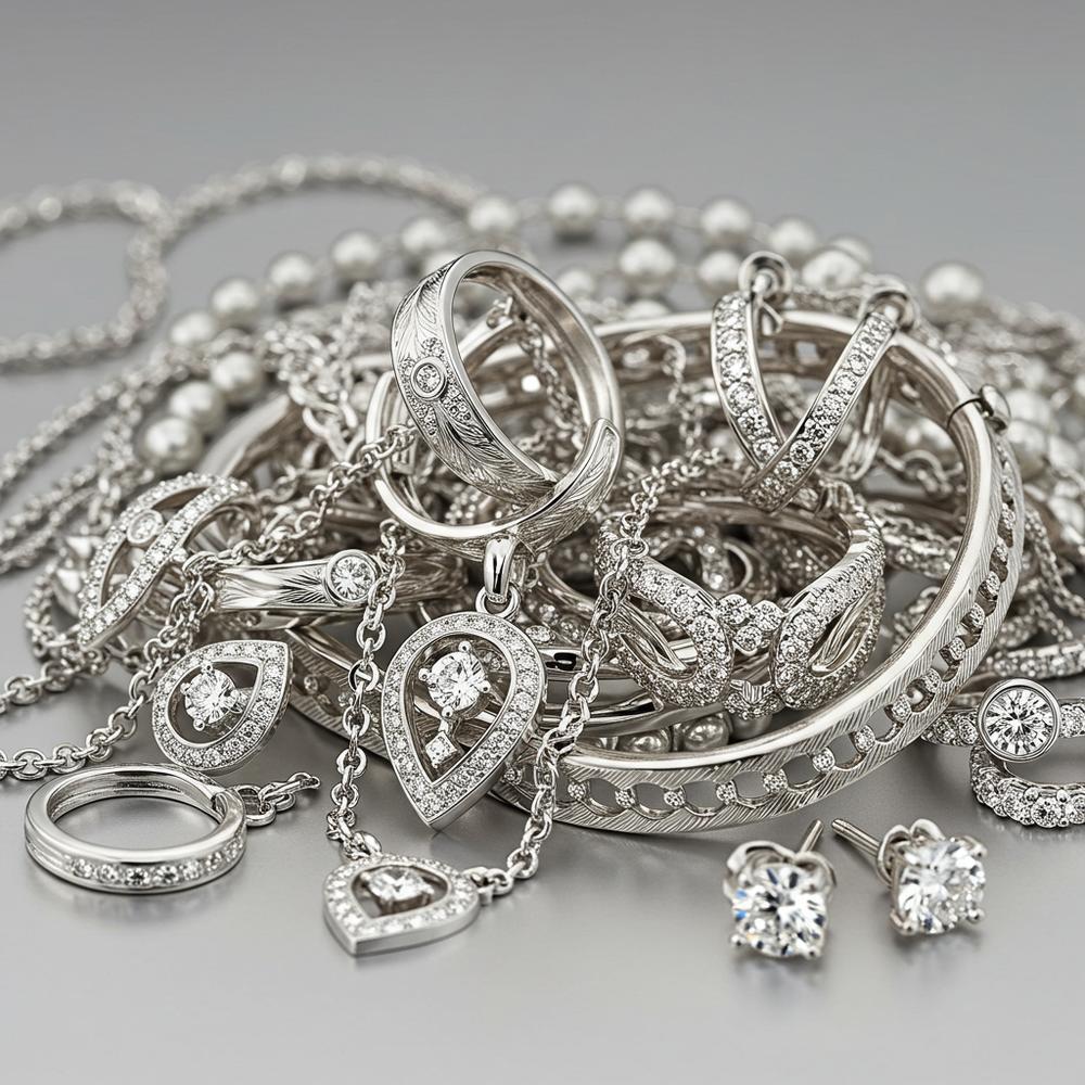 Elegant white gold jewelry pieces showcasing rings, bracelets, and necklaces