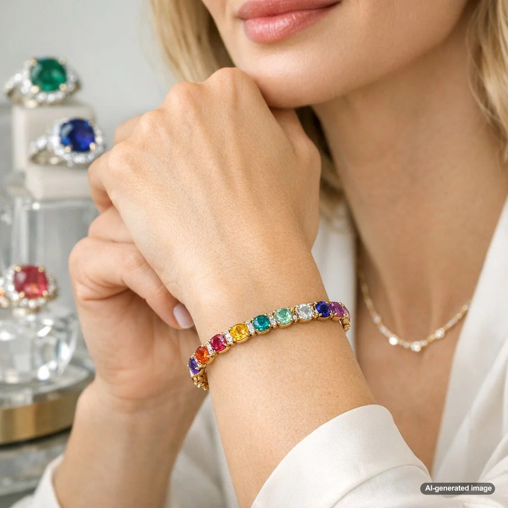 A vibrant and joyful display of colorful gemstone jewelry including rings, earrings, and necklaces from Robinson's Jewelers, arranged to evoke happiness and mood-boosting energy.