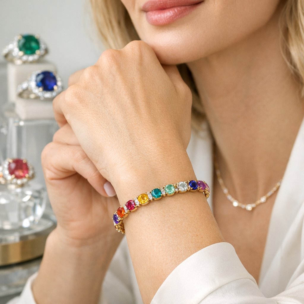 A vibrant and joyful display of colorful gemstone jewelry including rings, earrings, and necklaces from Robinson's Jewelers, arranged to evoke happiness and mood-boosting energy.