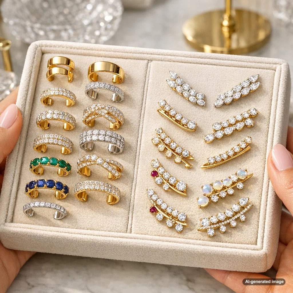 A modern ear cuff and climber earring set on a model showcasing alternative styling without traditional piercings.