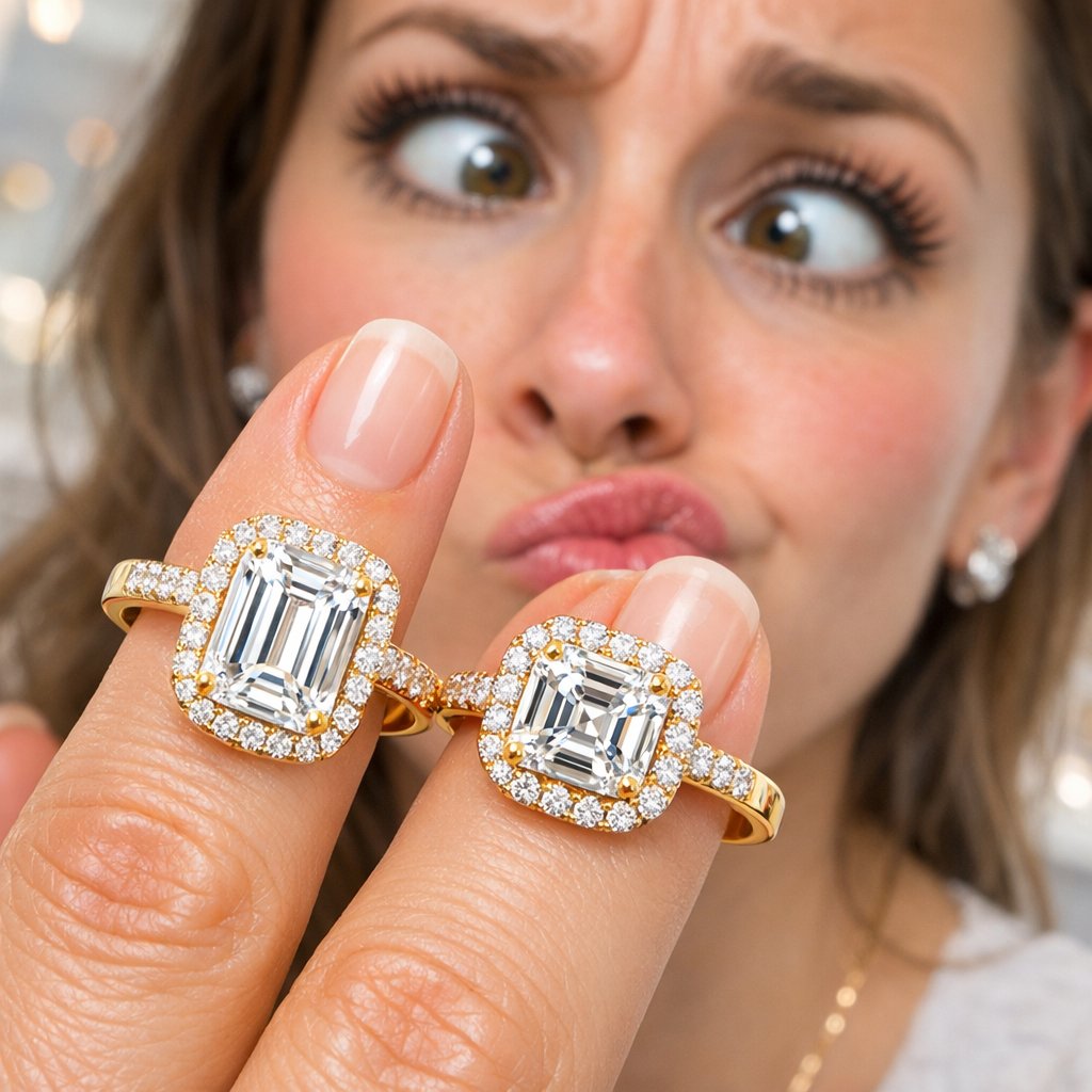 Side-by-side comparison of an emerald cut and an asscher cut diamond ring on a size-6 woman's finger