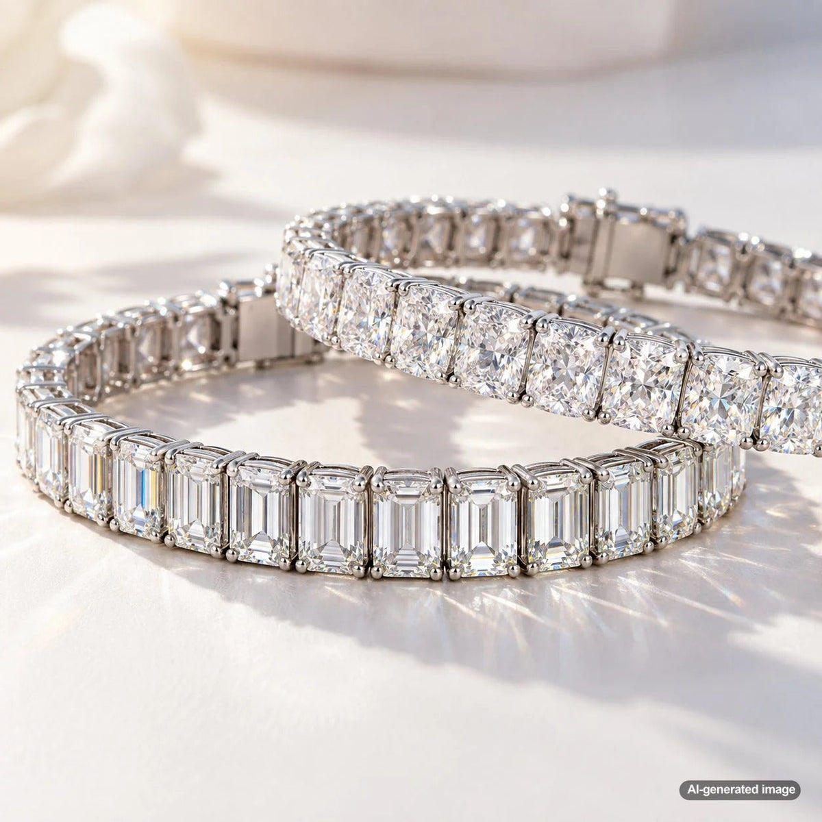 Emerald-cut and radiant-cut diamond tennis bracelets showing contrasting sparkle and elegant rectangular diamond shapes