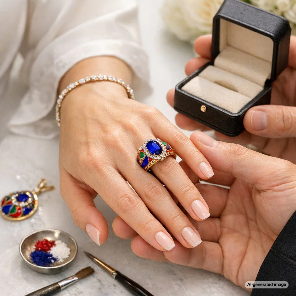 A stunning jewelry piece showcasing vibrant enamel techniques with colorful patterns fused onto a metal setting.