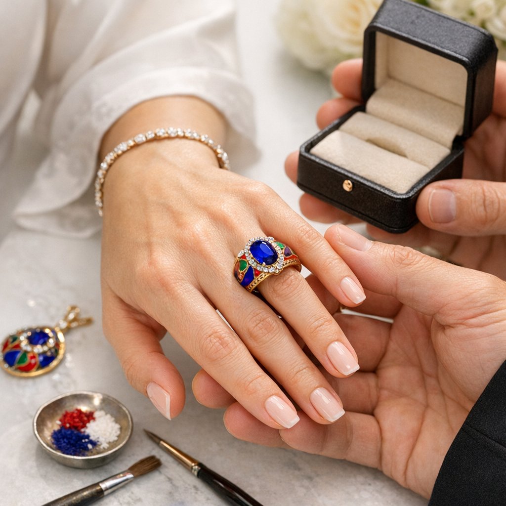 A stunning jewelry piece showcasing vibrant enamel techniques with colorful patterns fused onto a metal setting.