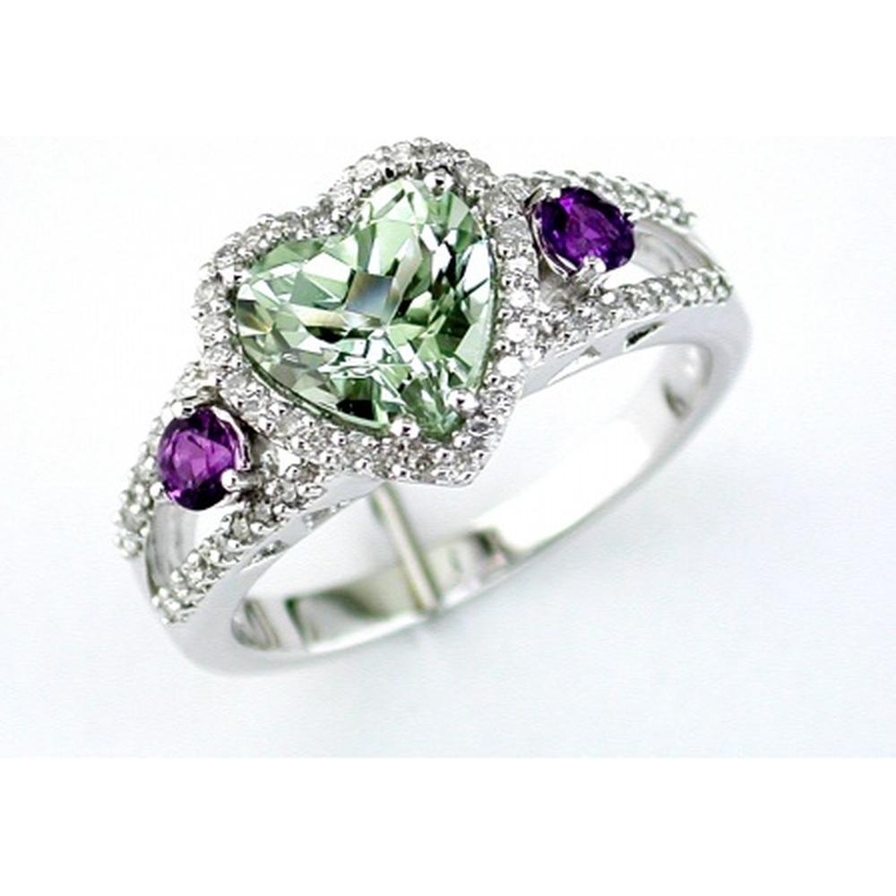 Enchanting Royal 14K White Gold Heart-Shaped Green Amethyst and Diamond Ring