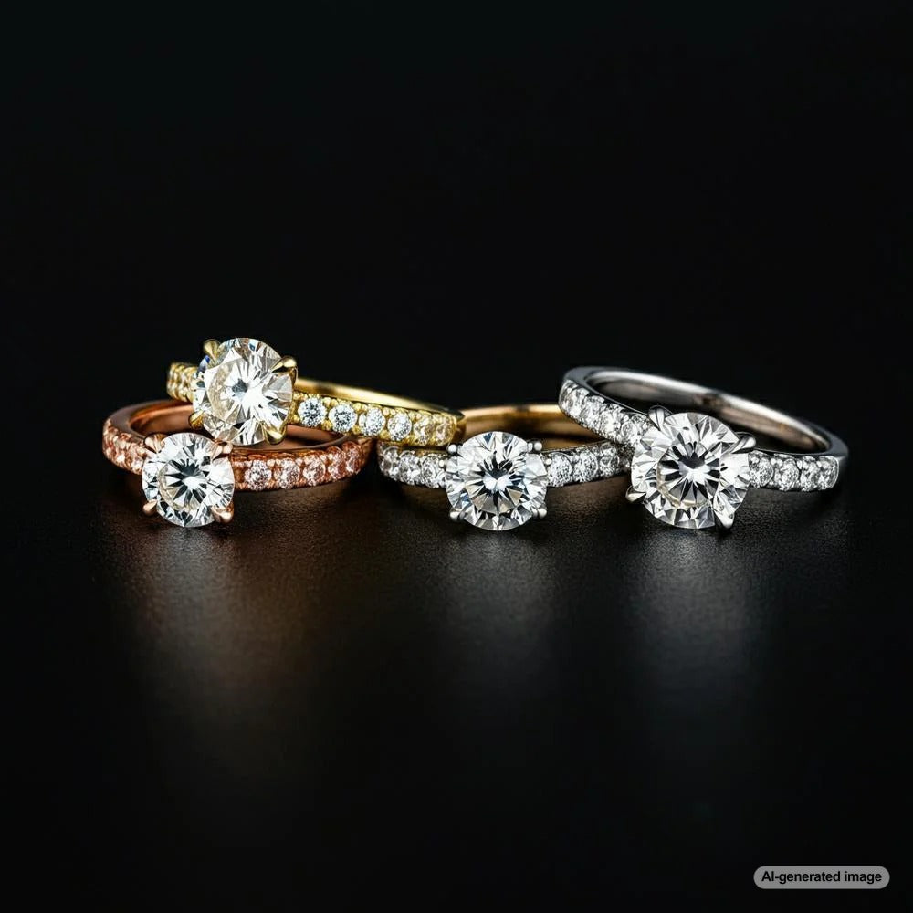 A selection of engagement rings in various metals including yellow gold, white gold, rose gold, and platinum, showcasing their unique hues and designs.