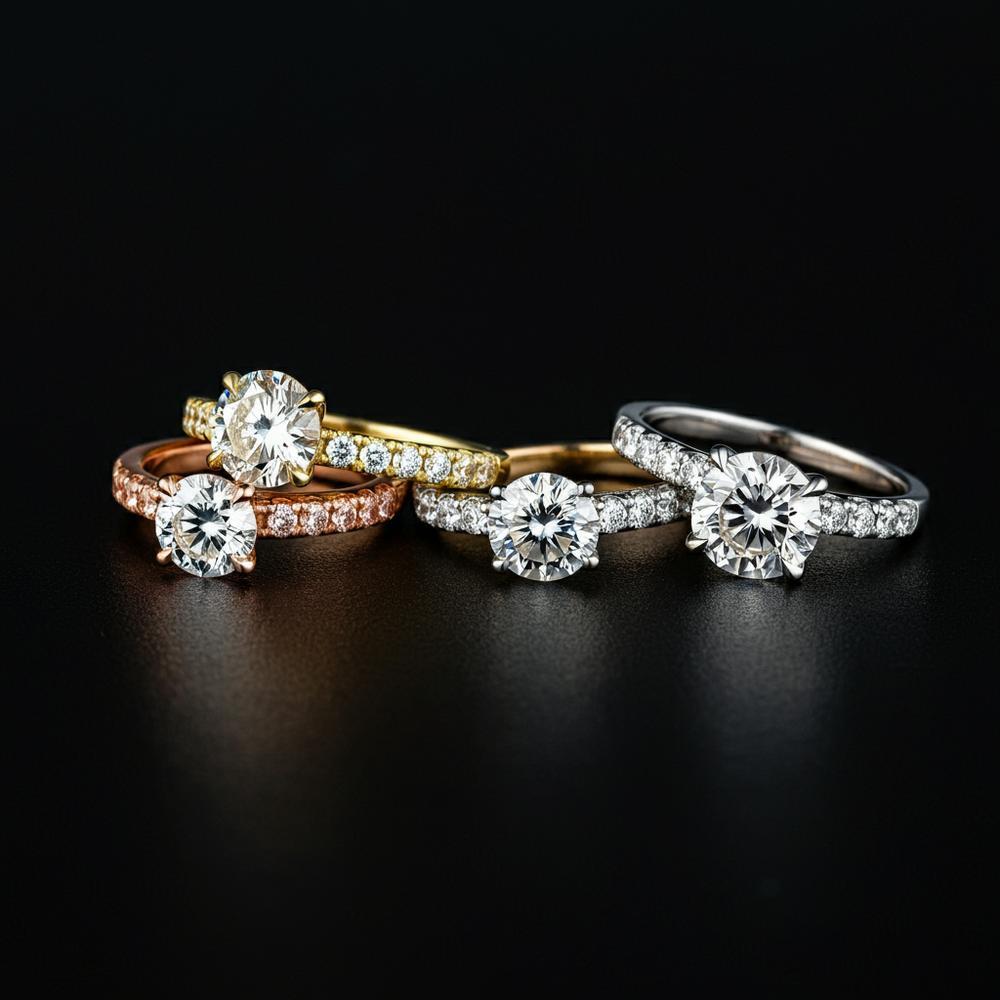 A selection of engagement rings in various metals including yellow gold, white gold, rose gold, and platinum, showcasing their unique hues and designs.