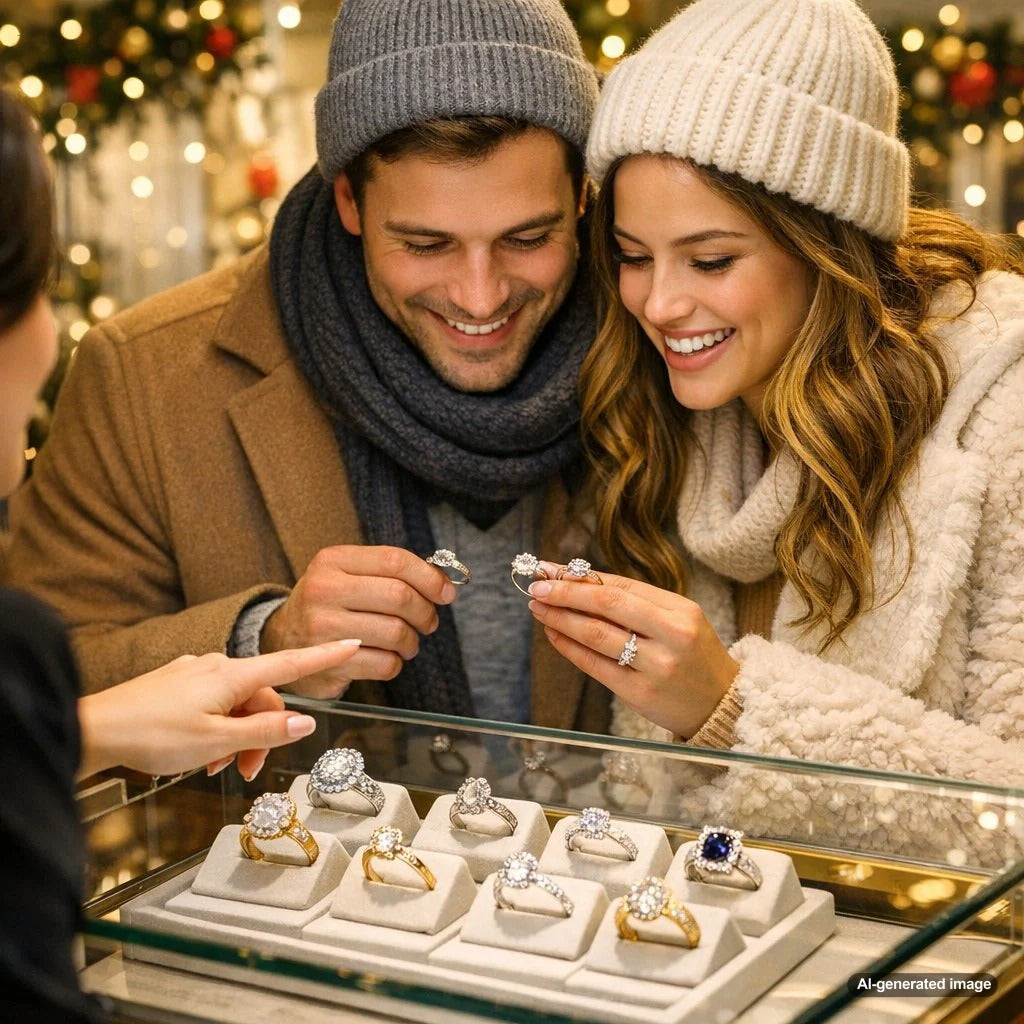 A stunning close-up of a diamond engagement ring resting on a bed of festive evergreen branches and golden ornaments, perfect for holiday proposals.