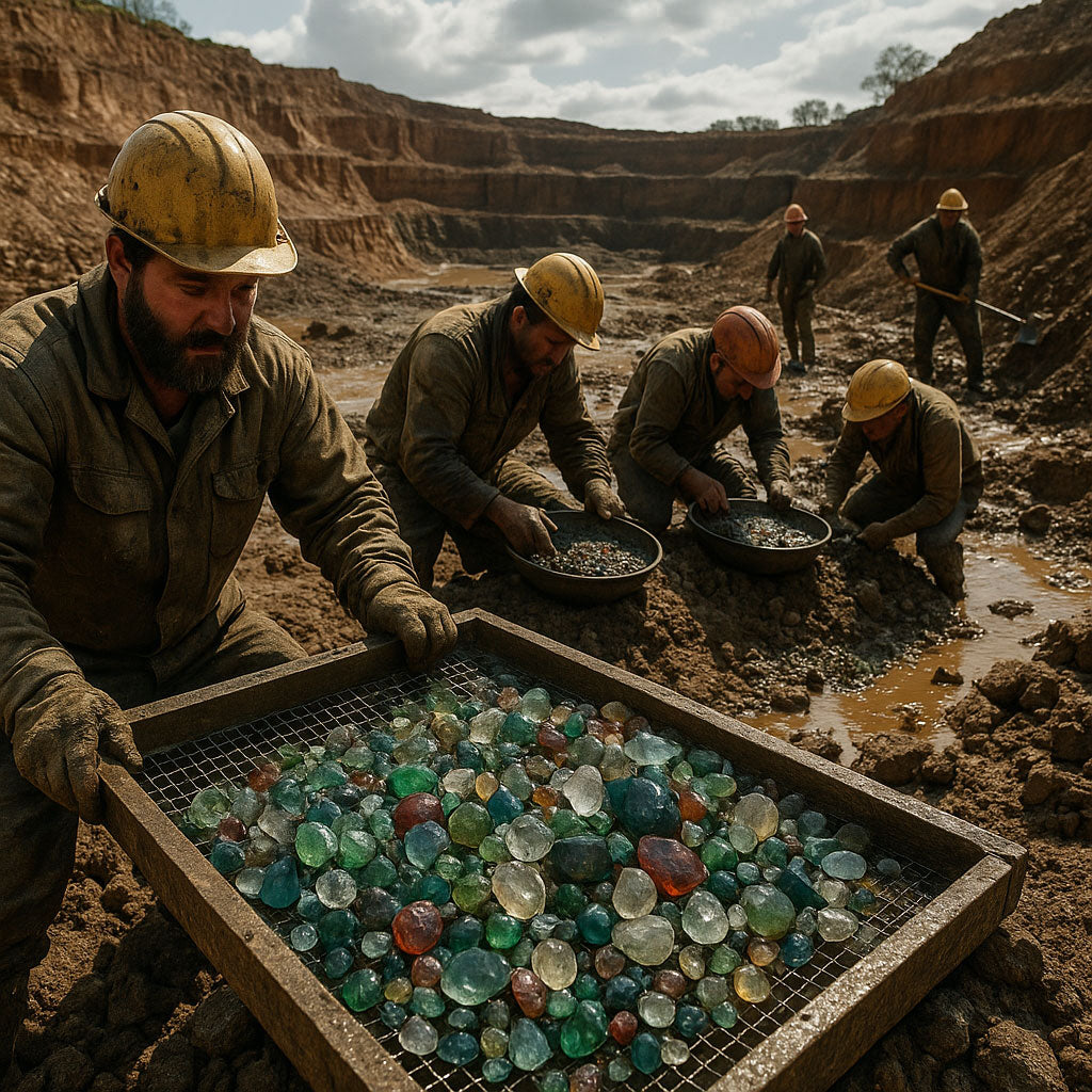 Ethical gemstone mining practices showing responsibly sourced diamonds and colored gemstones