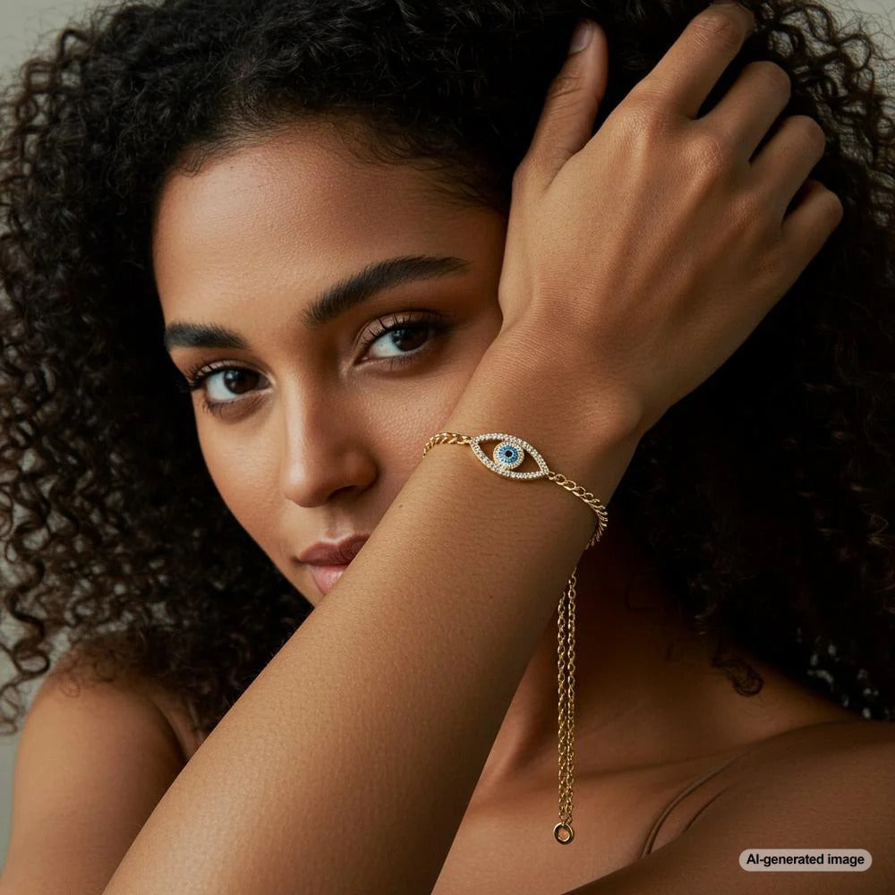 Evil Eye Bracelet in blue gemstone and sterling silver, showcasing intricate design and symbolic elegance.