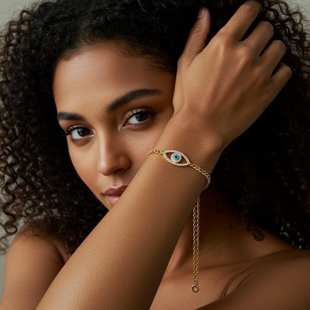 Evil Eye Bracelet in blue gemstone and sterling silver, showcasing intricate design and symbolic elegance.