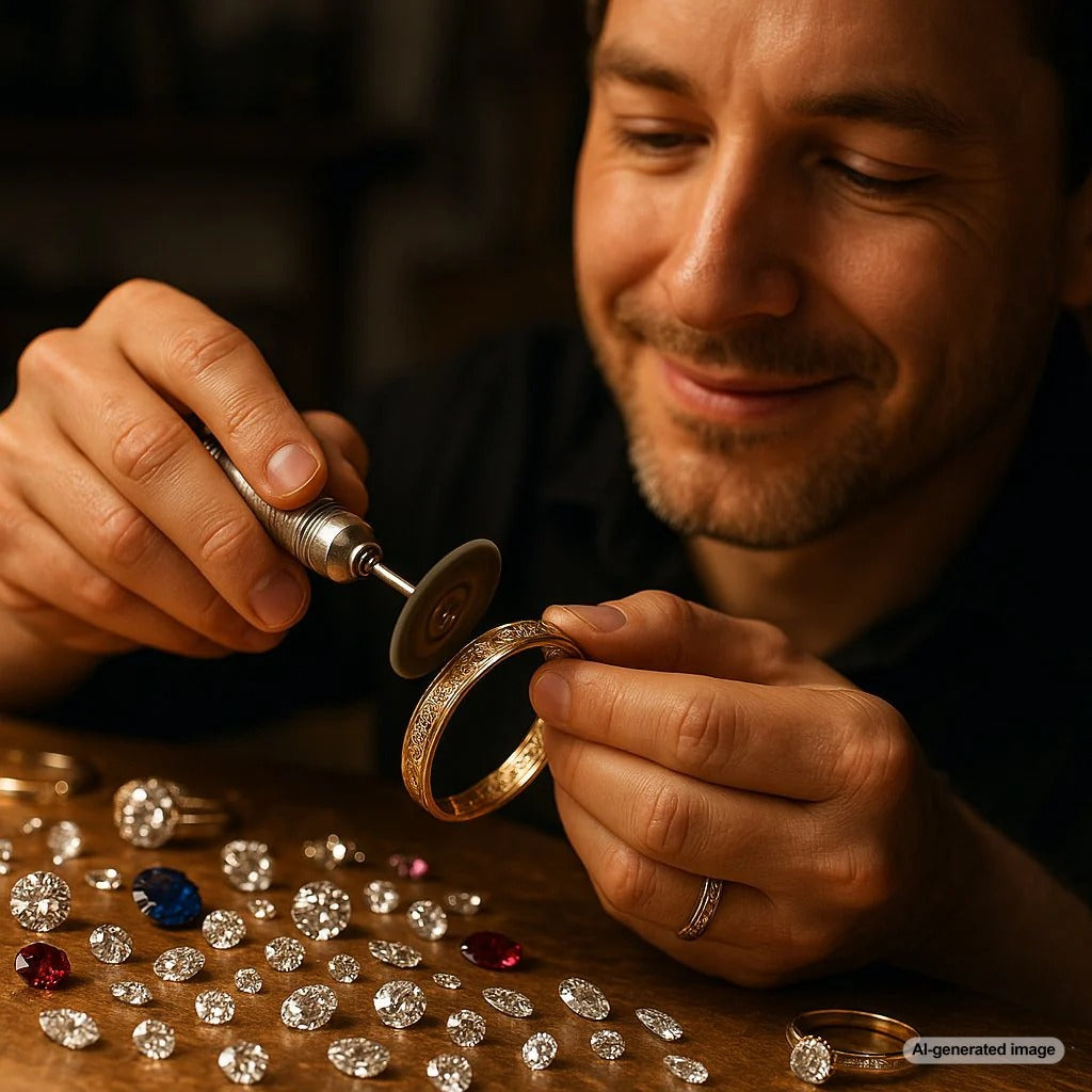 Close-up of a jeweler's hands professionally polishing a gold engraved ring at a workbench.