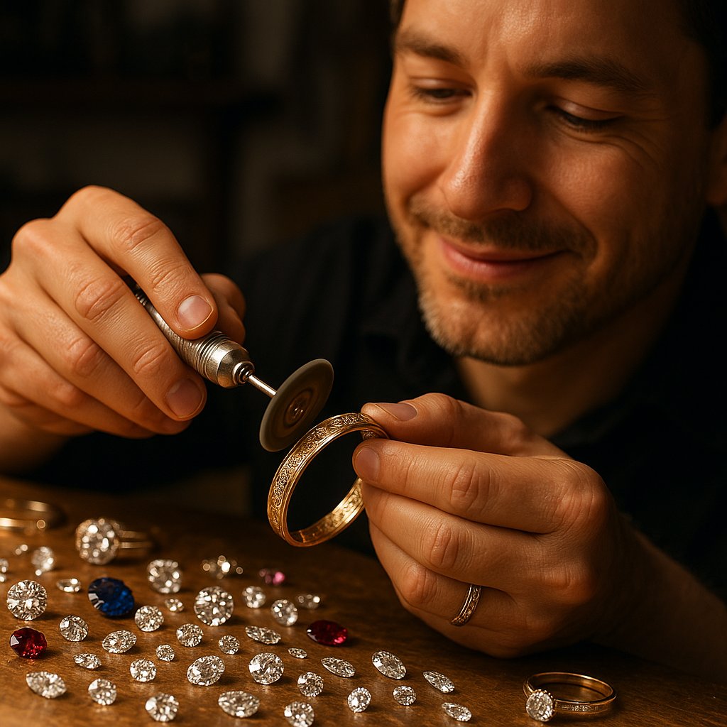 Close-up of a jeweler's hands professionally polishing a gold engraved ring at a workbench.