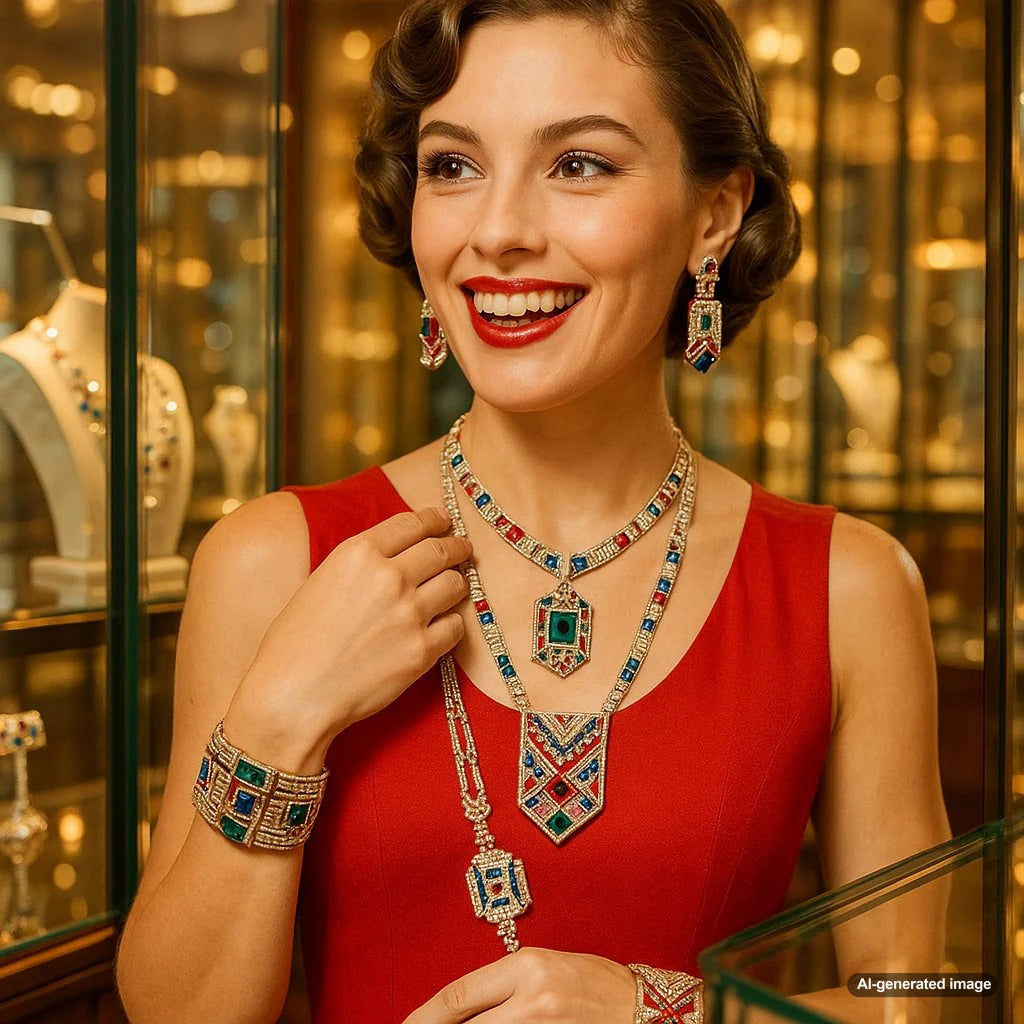 A stunning collection of Art Moderne jewelry from the 1930s featuring geometric designs, black onyx, and calibr&eacute;-cut diamonds on display at Robinson&rsquo;s Jewelers.