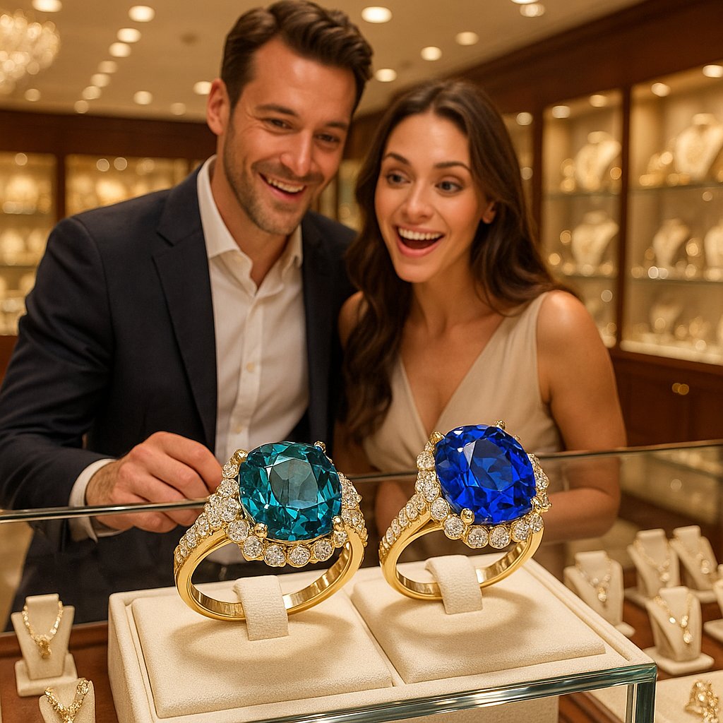 Stunning comparison of Montana sapphires and Ceylon sapphires in various jewelry settings at Robinson's Jewelers