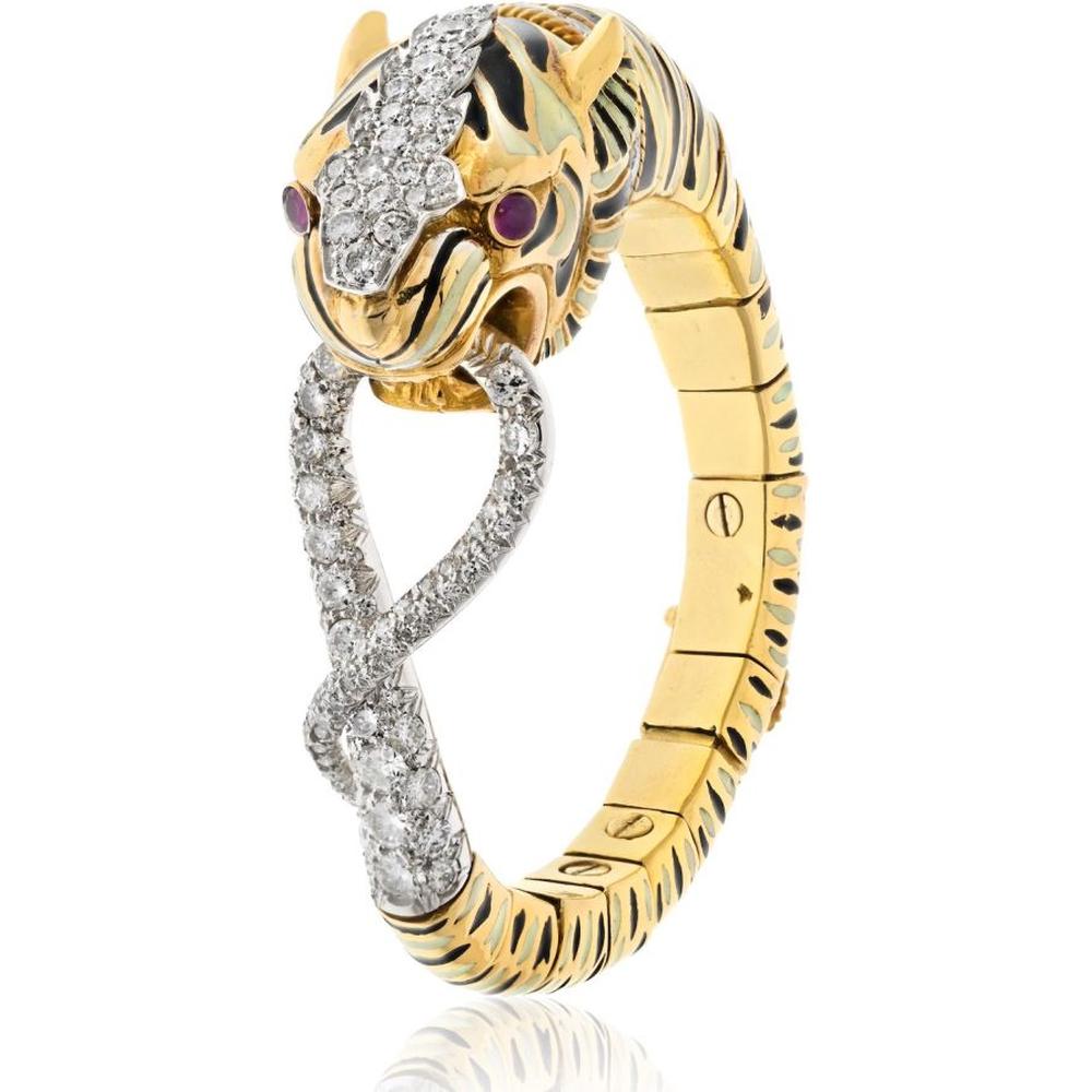 David Webb Platinum & 18K Yellow Gold Tiger Diamond Enamel Bracelet - 5.9 Carat Total Weight