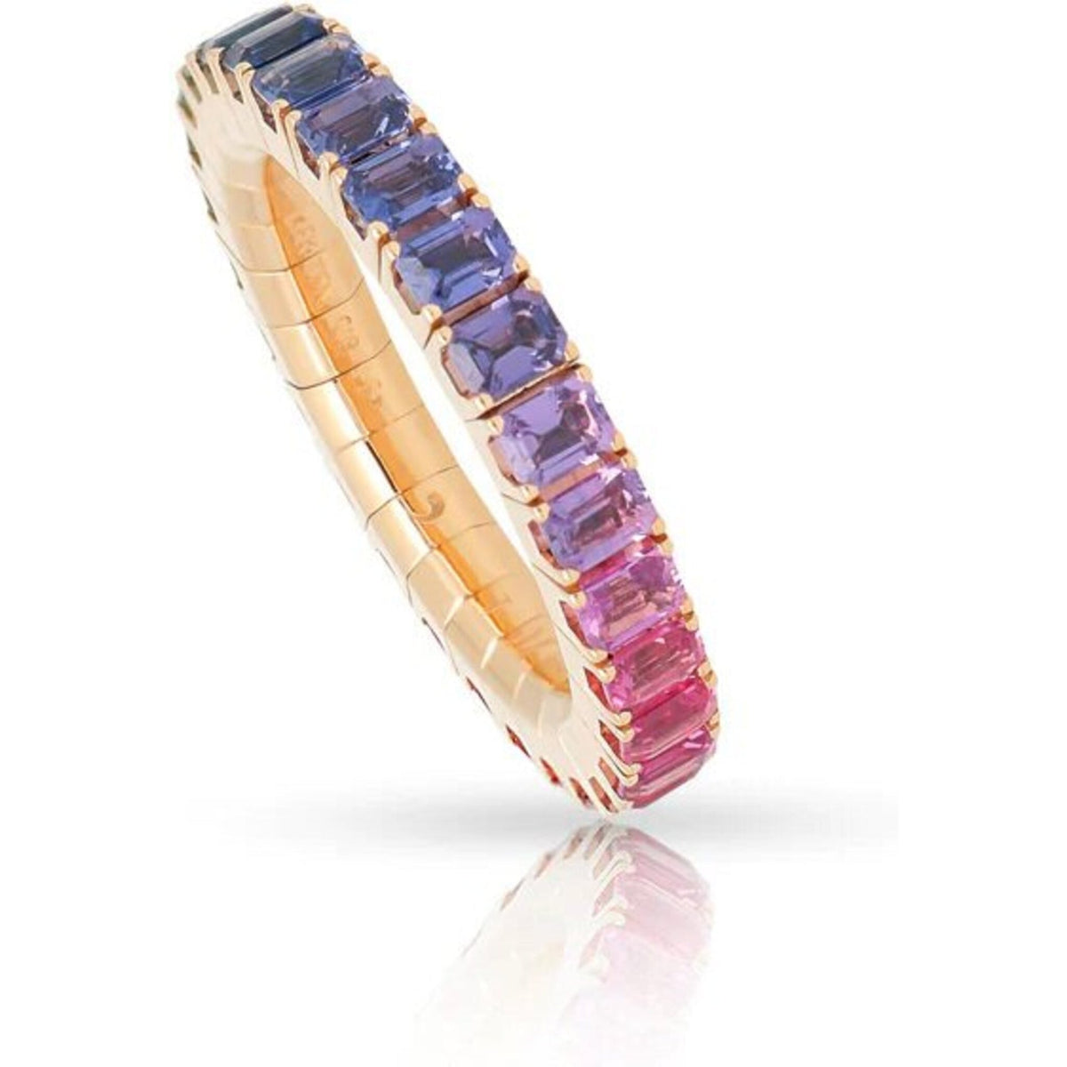 Extensible 36.8 Carat Rainbow Sapphire Emerald-Cut Eternity Ring in 18K Yellow Gold