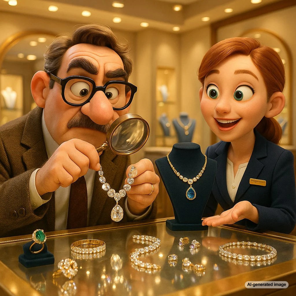Close-up comparison of real diamond jewelry vs fake counterfeit pieces