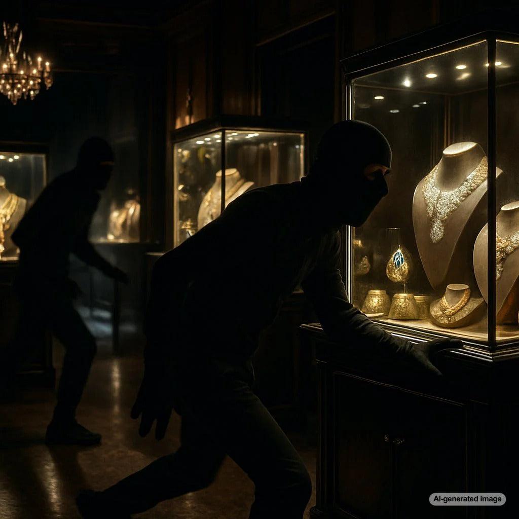 Mysterious dark background with sparkling diamonds and jewels scattered around, hinting at famous jewelry heists and curses