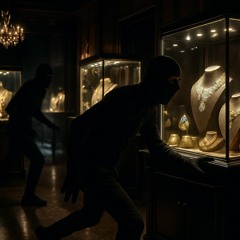 Mysterious dark background with sparkling diamonds and jewels scattered around, hinting at famous jewelry heists and curses