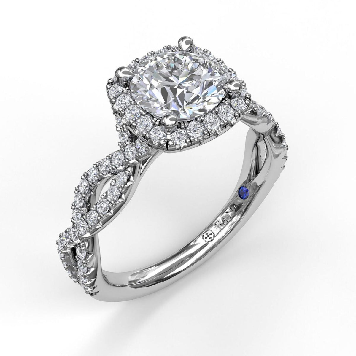 Fana Cushion Halo Twist Engagement Ring S3826 in white gold with diamond halo and twisted band