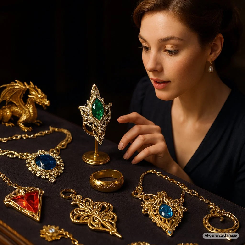 Fictional jewelry from movies and books displayed in an elegant arrangement