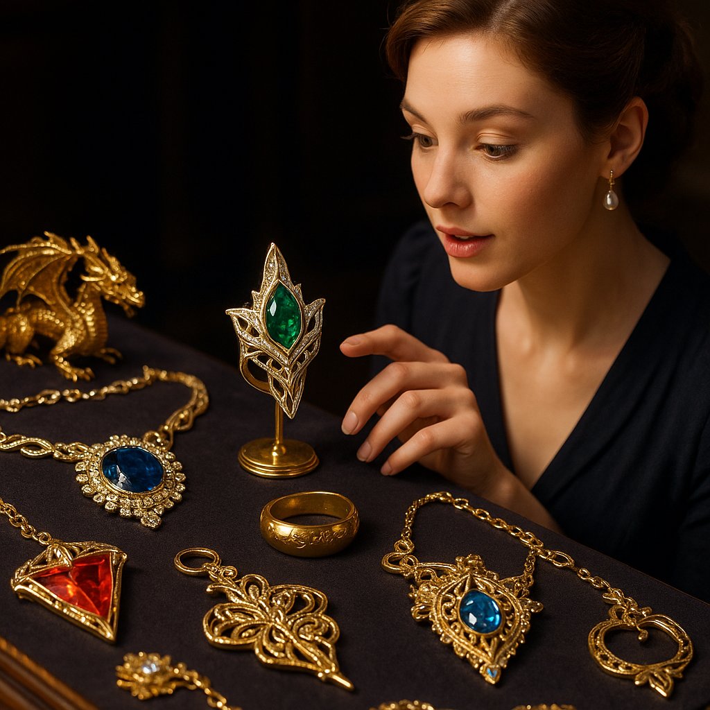 Fictional jewelry from movies and books displayed in an elegant arrangement