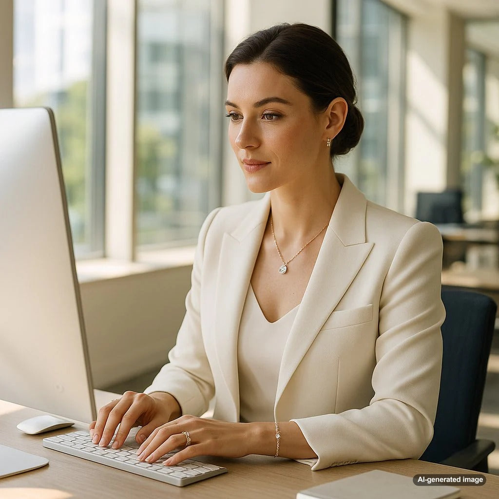 Elegant professional woman wearing subtle fine jewelry including diamond stud earrings and delicate necklace in office setting