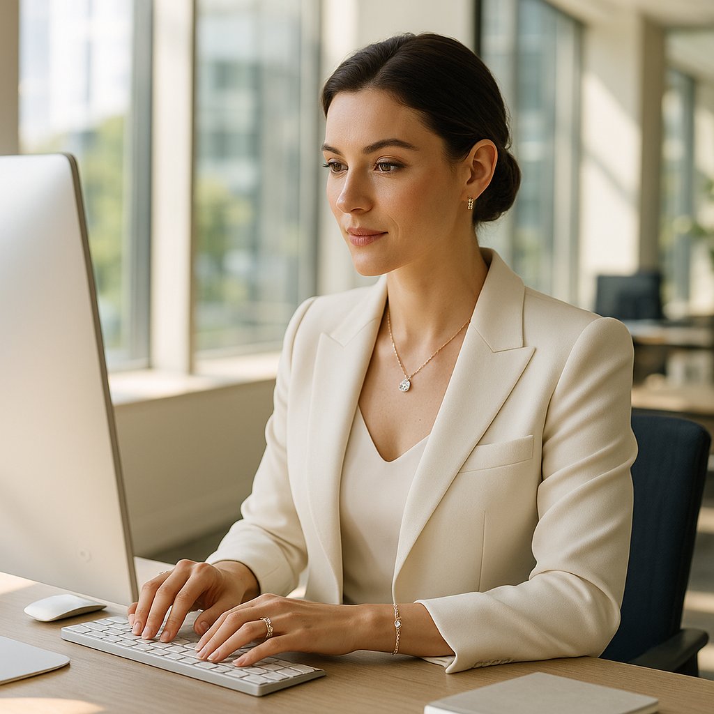 Elegant professional woman wearing subtle fine jewelry including diamond stud earrings and delicate necklace in office setting