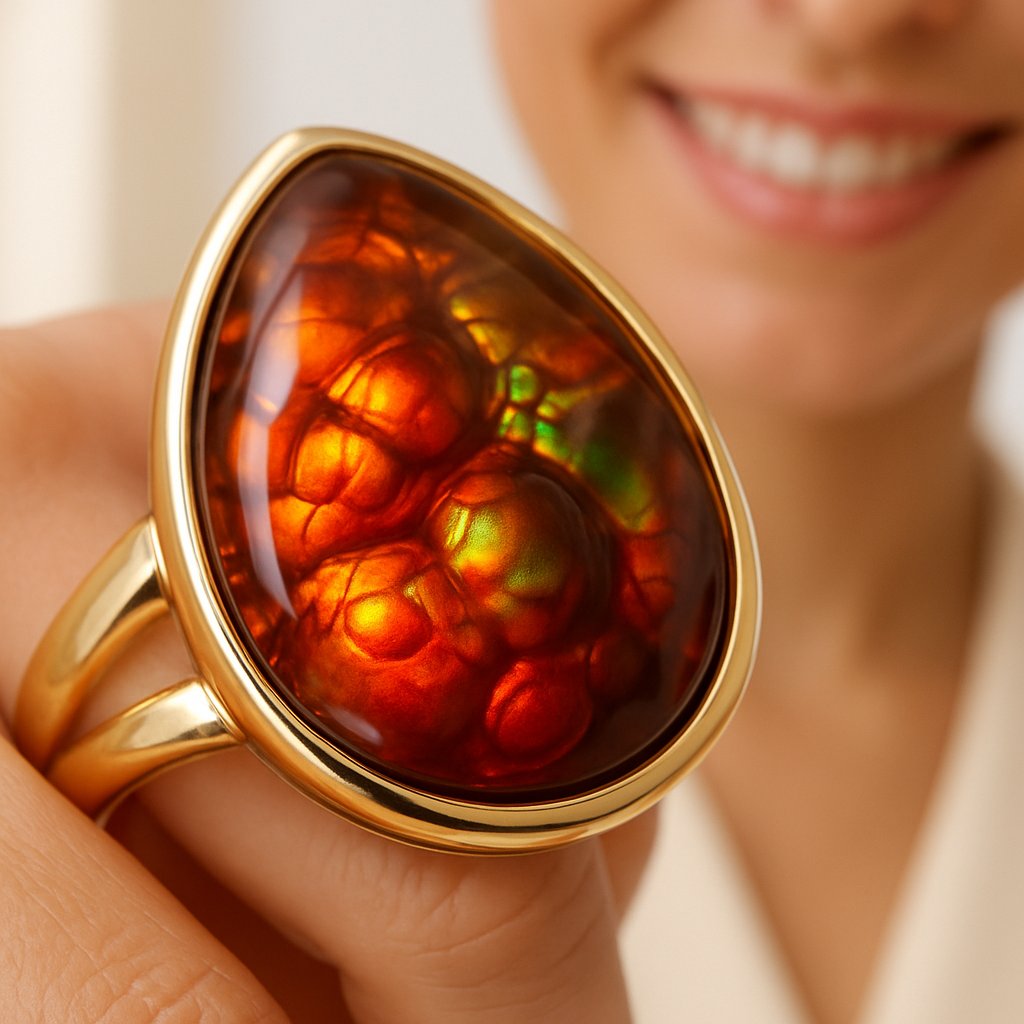 Close up macro shot of a stunning fire agate gemstone showing its vibrant red, orange, and gold iridescence