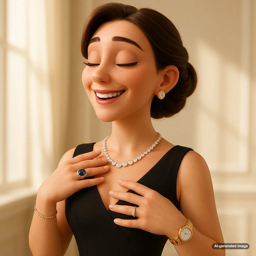 Five timeless jewelry pieces every woman in her 30s should own including diamond studs, pearl necklace, tennis bracelet, signet ring and cocktail ring