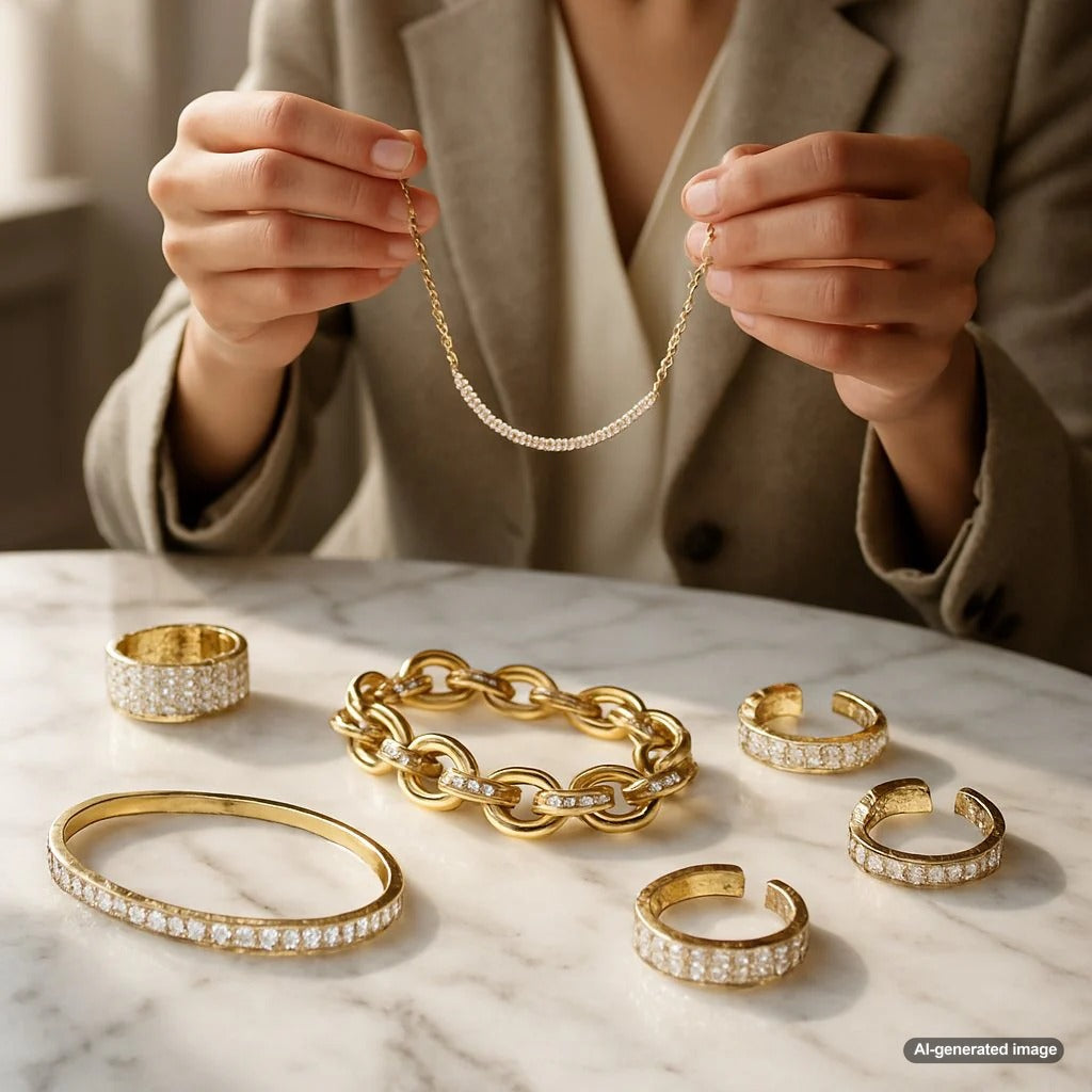 A curated flat lay of quiet luxury fine jewelry including a simple diamond solitaire necklace, gold hoop earrings, a sleek bangle, and a signet ring on a neutral textile