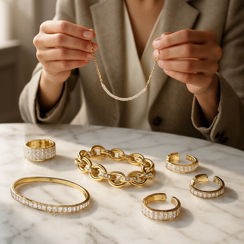 A curated flat lay of quiet luxury fine jewelry including a simple diamond solitaire necklace, gold hoop earrings, a sleek bangle, and a signet ring on a neutral textile
