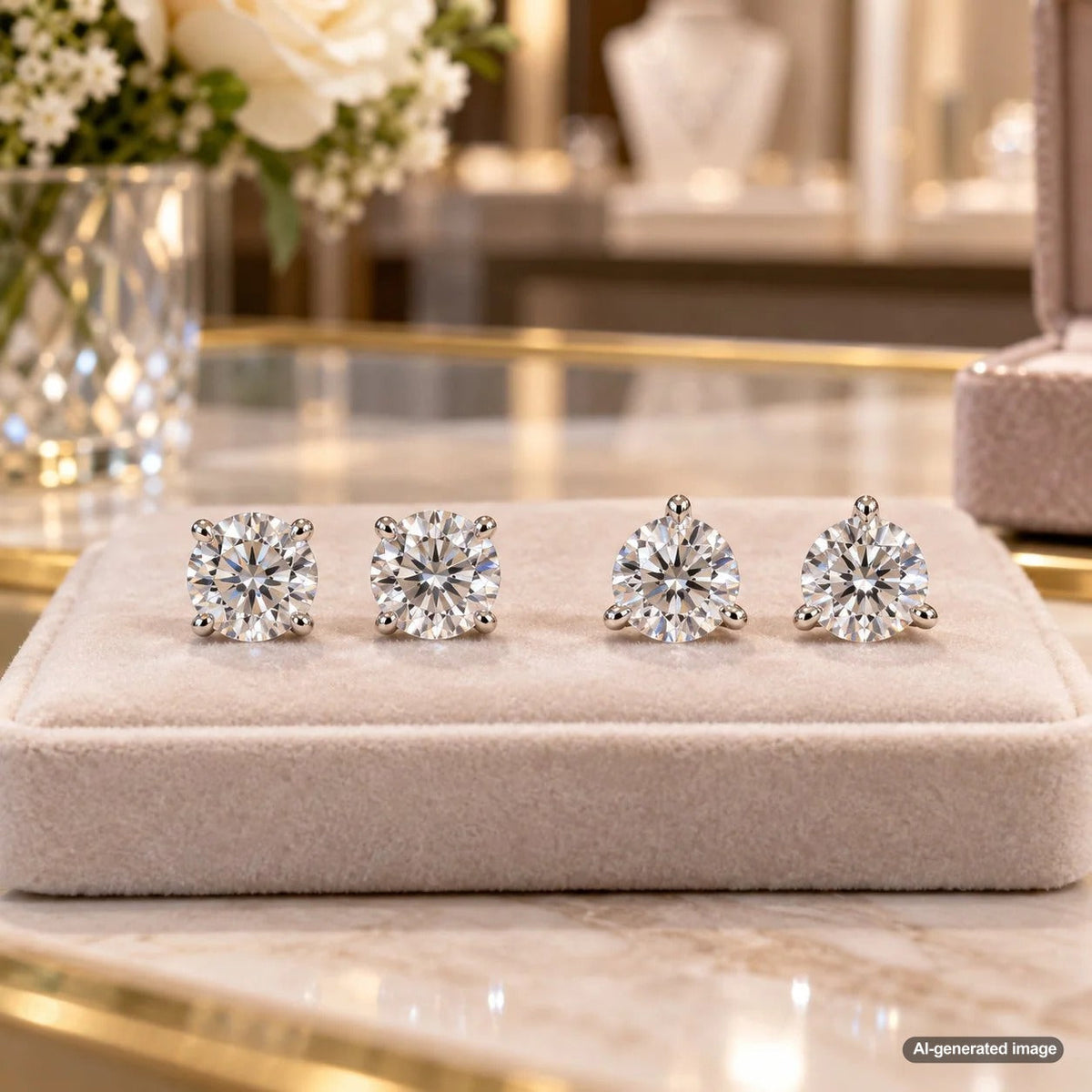 Four-prong versus three-prong diamond stud earring settings showing how different prong arrangements affect the visible size and appearance of round diamonds