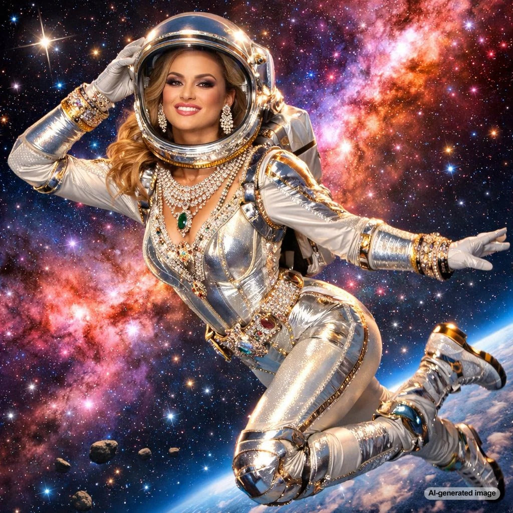 A dazzling array of fine jewelry including rings and necklaces with a starry, cosmic background, representing jewelry inspired by and traveling to space.