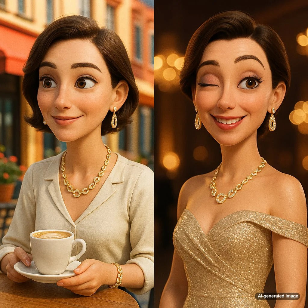 Woman styling diamond jewelry for day and night looks on a table