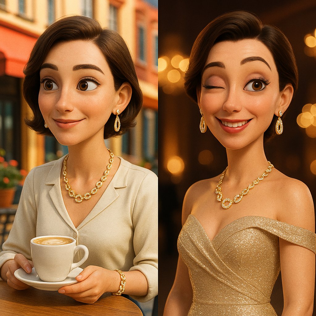 Woman styling diamond jewelry for day and night looks on a table