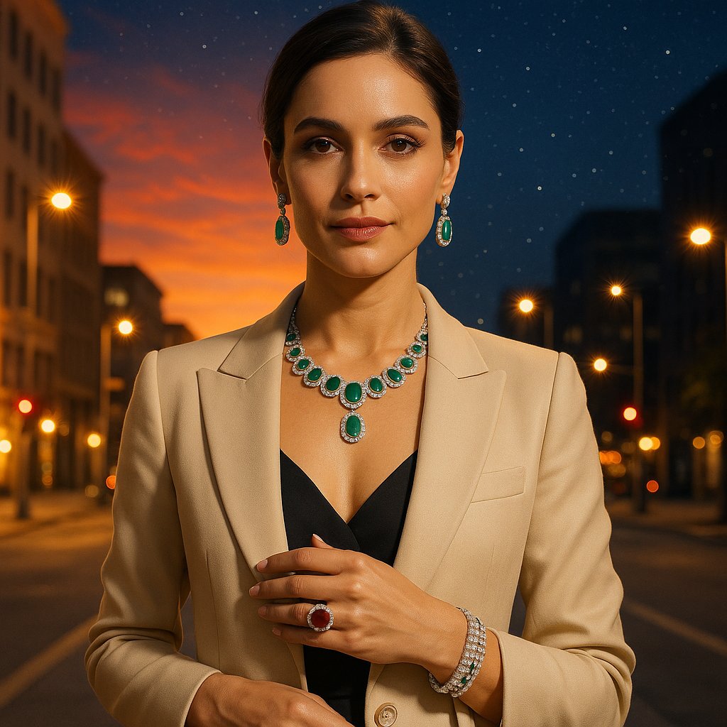 A curated selection of versatile sapphire, morganite, and amethyst jewelry from Robinson's Jewelers, shown transitioning from a daytime casual setting to an elegant nighttime arrangement.