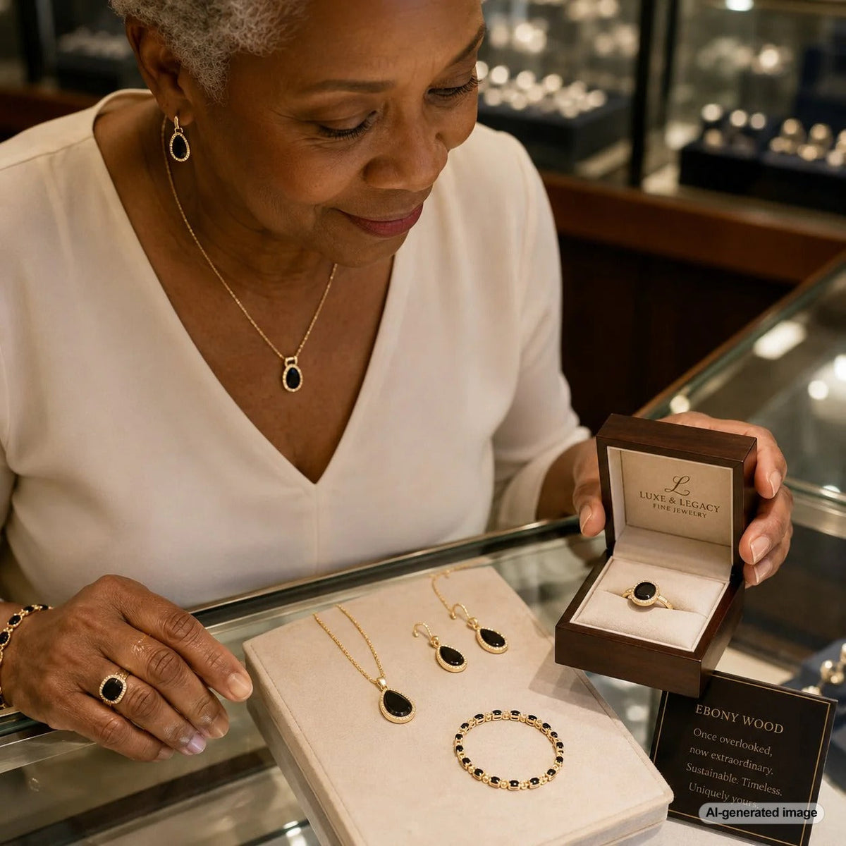 A collection of elegant rings and bracelets featuring deep black ebony wood inlay set against warm gold and silver metals for a striking contrast.